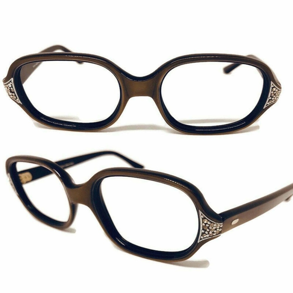 Vintage Rhinestone Eyeglasses 1960s Brown Satin Eyeglass Frames, New Old Stock